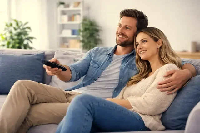 A family watching Kikatv on the living-room television
