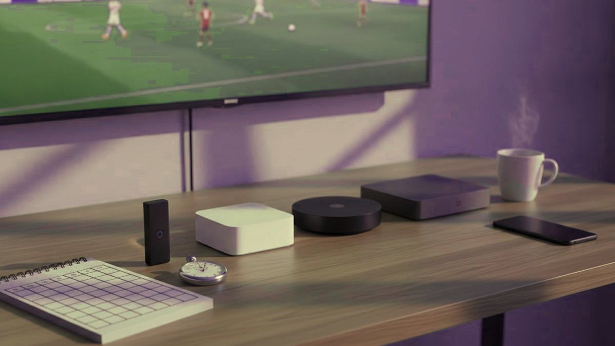Streaming devices and a family checklist in front of a TV showing a kids channel and a live match