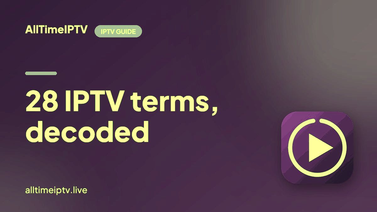 A glossary of IPTV terms beside a TV showing a channel guide and a kids group